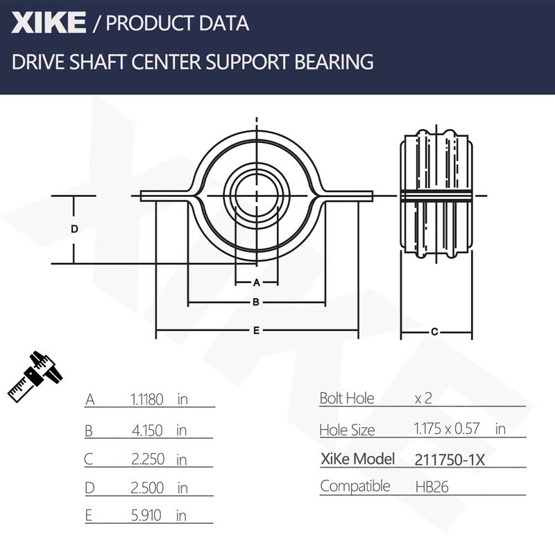 XiKe 211750-1X or HB26 Drive Shaft Center Support Bearing, Replacement for Toyota 37230-35130/34030/34040/34050, Compatible Toyota T100 1993-1998, Tacoma 1995-2004 and Tundra 2000-2006. - Image 2